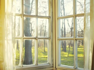 Fototapeta premium photo of window from inside the house, and there is a beautiful house decoration or pot with a little sun glare, aesthetic and clear hd