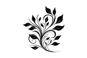 Minimalist Black and White Floral Design with Leaves and Swirls