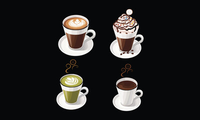Set of 4 Coffee Cups with Latte, Cappuccino, Matcher, and Hot Chocolate, Drink Collection