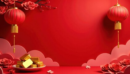 Red lanterns, gold ingots, auspicious clouds, traditional paper cuttings, tradition, art