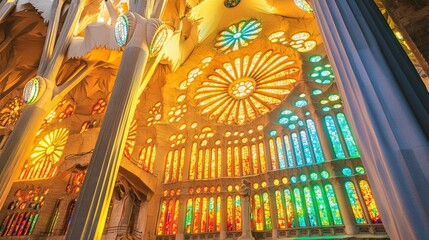 Obraz premium Intricate Stained Glass Windows in Cathedral Lighting