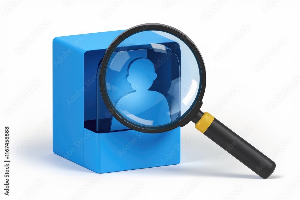 Aufkleber a magnifying glass enlarges a blue profile icon inside a cube, symbolizing user profile search and v