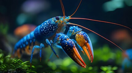 A blue and orange crab is in a tank with other fish