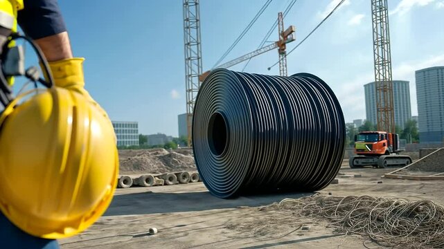 A worker's hands holding a yellow helmet and gloves next to a large electrical cable spool, with a construction site blurred in the background