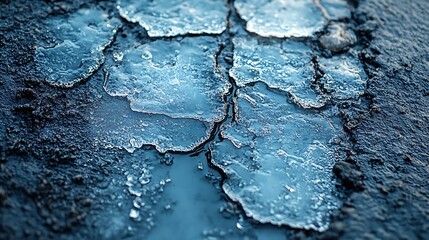 Frozen puddles crack on dark ground forming abstract patterns