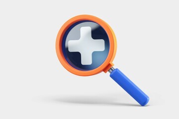 Fototapeta premium Magnifying glass with a plus sign inside, symbolizing medical search or healthcare.