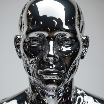 Retrato futurista de rostro androide con superficie met&aacute;lica brillante, expresi&oacute;n neutral y dise&ntilde;o minimalista, concepto de inteligencia artificial, arte digital 3D
