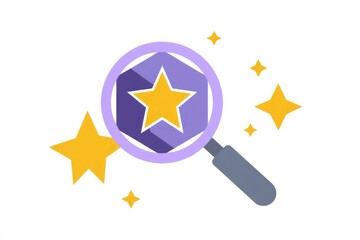 Fototapeta premium Magnifying glass reveals a star within a hexagon, surrounded by smaller stars, symbolizing the discovery of excellence.