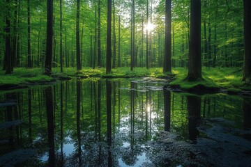 Fototapeta premium sunlit forest filled with lush trees and a mirrorlike water surface reflecting the vibrant foliage creating a serene and calming atmosphere that invites exploration and connection with nature