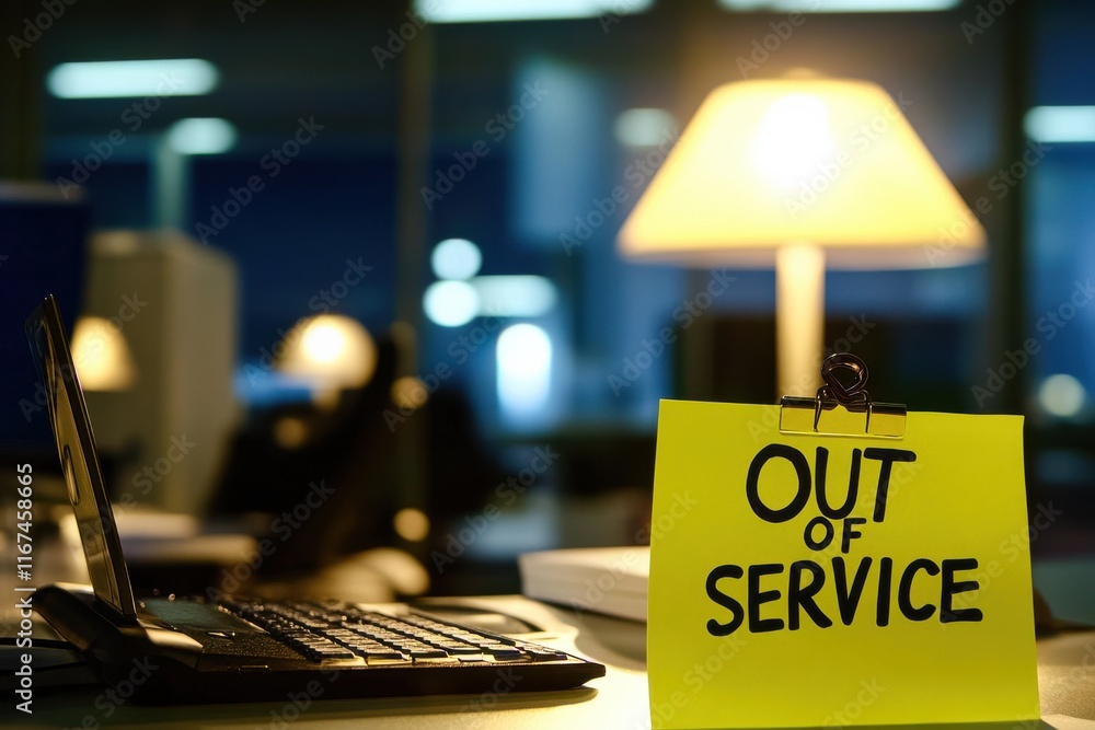 Poster note on keyboard indicating 'out of service' in modern office cubicle with low key lighting and soft