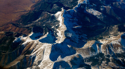 Aerial view of Rocky Mountains in the winter near Pueblo, Colororado, USA