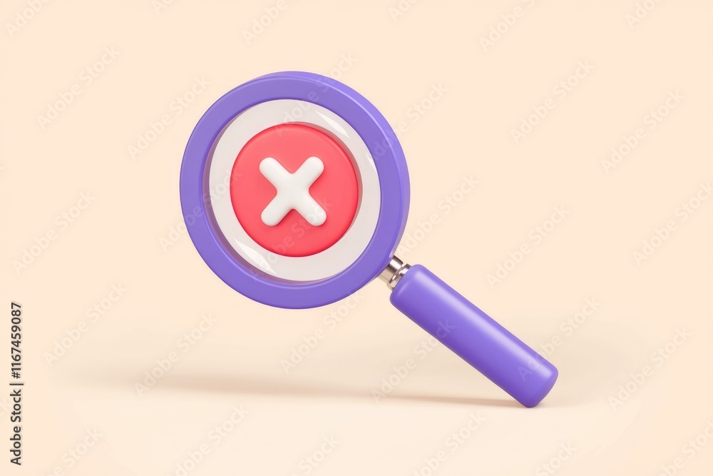 Poster a magnifying glass focuses on a red circle with a white x, symbolizing rejection or error.