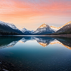 Naklejka premium A mountain mirror lake with snow-capped mountains and forest. Reflection of the mountains.