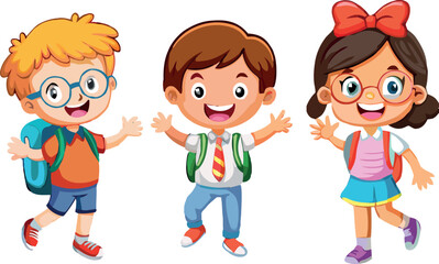 Happy pupils waving and going to school wearing backpacks