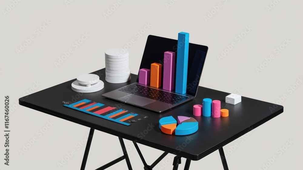Poster Laptop displaying colorful bar and pie charts on a black table, showing business data analysis.