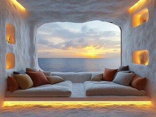 Sunset ocean view from cozy cave room.