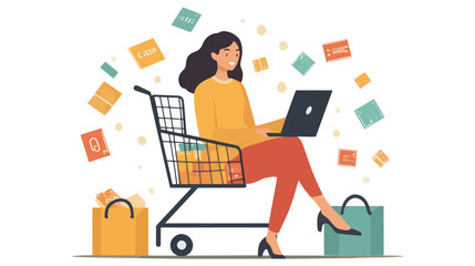 woman holding laptop sitting in cart