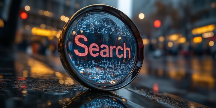 Illuminated search inscription reflects on wet pavement in city at dusk highlighting digital exploration and urban life