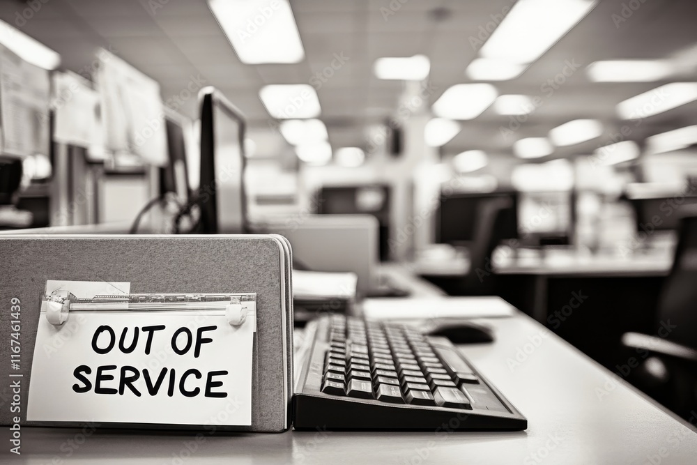 Poster black and white image of a keyboard with an out of service note in a modern office cubicle featuring