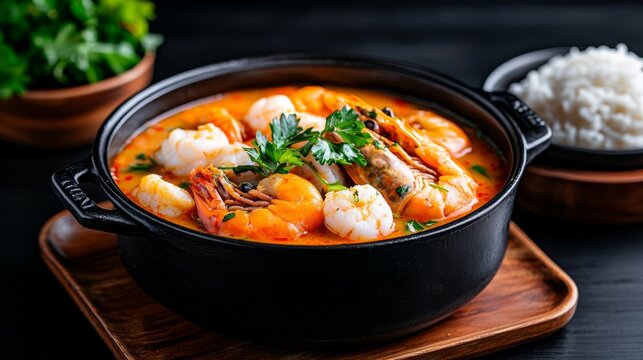 Rustic Cast Iron Pot with Shrimp Tom Yum Soup