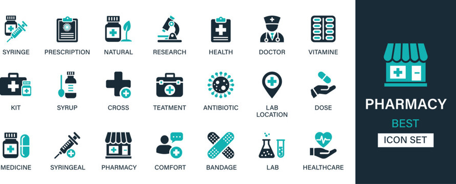Pharmacy icon set. Medicine, bandage, medication, prescription, treatment, health and syringe symbol. Solid icons vector collection.