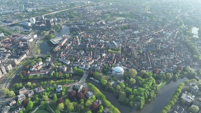 Cinematic aerial video of the historic Dutch city of Zwolle with star shaped defense works build in the medieval age