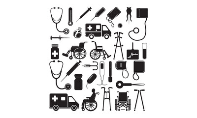 Medical Tools and Equipment Icons Vector Set - Healthcare Silhouettes for Design Projects