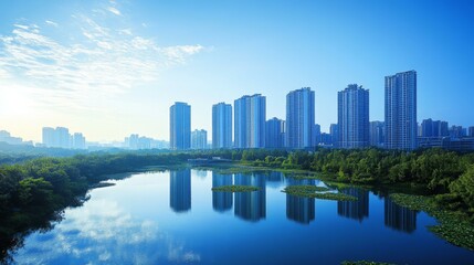 Fototapeta premium Cityscape with Calm Water and Green Landscaping