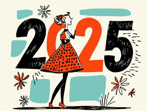 Vintage 2025 text illustration with bold colors, 1950s/1960s aesthetic  
