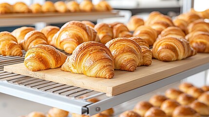 Freshly baked croissants arranged on a cooling rack in a bakery, showcasing a golden-brown, flaky texture.
