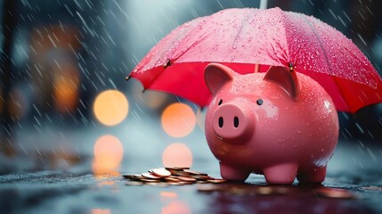 A pink piggy bank is sitting on the ground under an umbrella