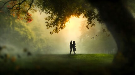 Fototapeta premium Loving Couple Enjoying a Tender Embrace Amidst the Verdant Foliage and Subtle Floral Fragrance of a Serene Park Rendered in a Soft Dreamy Impressionistic Painting Style with Warm Glowing Lighting
