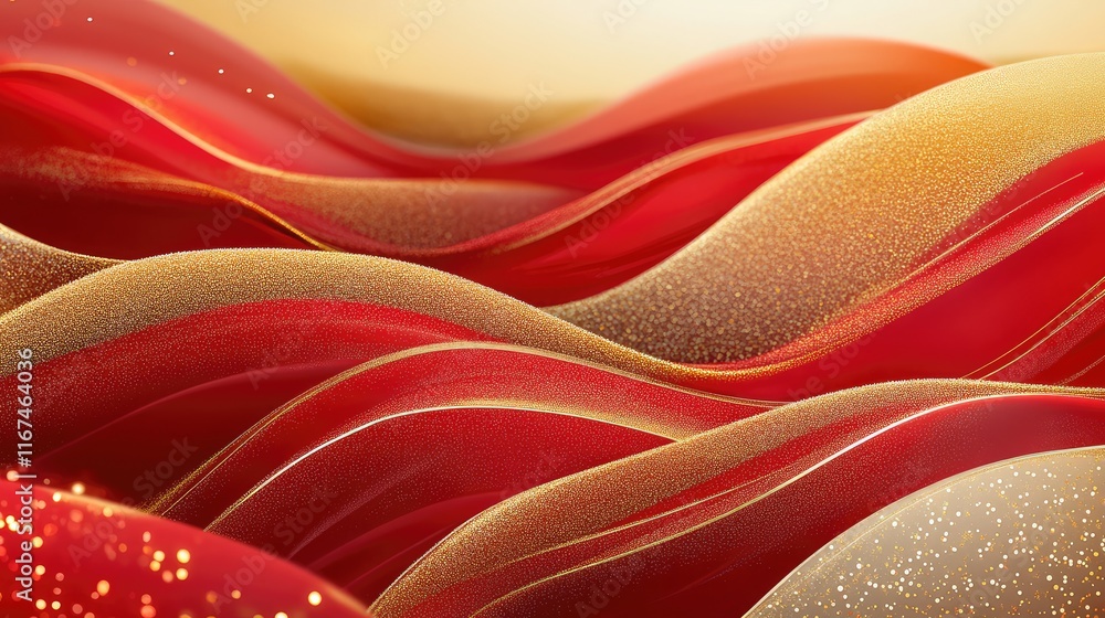 Fototapete abstract design with celebratory patterns for new year, blending smooth red waves and gold accents.