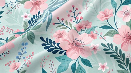 A seamless pattern featuring pink and white flowers on a soft blue background with green and blue leaves.