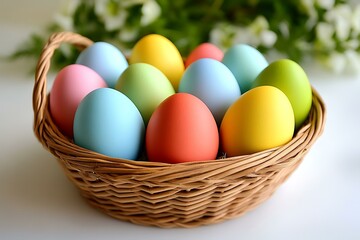 Colorful Easter Eggs in a Wicker Basket