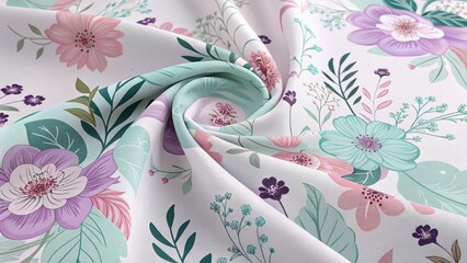 A swirling floral pattern in soft pastel hues of pink, purple, mint green, and white on a white background, creating a romantic and delicate design.