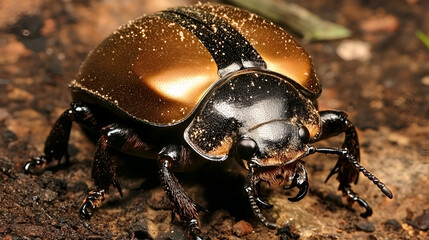Close-up of a golden beetle, shiny shell details, exotic insect macro, natural environment, copy space

