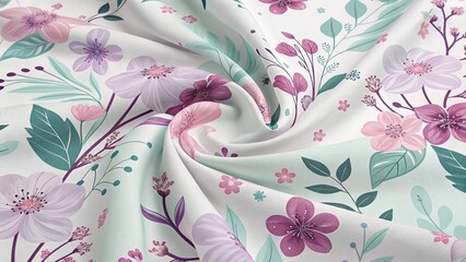 A swirling floral pattern in soft pastel hues of pink, purple, mint green, and white on a white background, creating a romantic and delicate design.