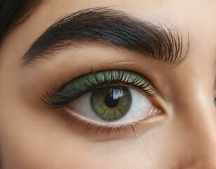 Obraz premium Close-up of a woman's eye with green eyeshadow and defined eyebrows. The image showcases beautiful eye makeup and natural beauty.