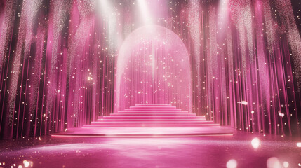 A luxurious pink stage adorned with glittering lights. Elegant award ceremony celebrating