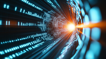A high-tech, illuminated data tunnel with streaks of blue and orange light, symbolizing digital speed, innovation, and connectivity.