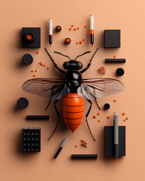 Meticulously rendered scientific setup for insect pheromone detection featuring a sleek flat graphic design with saturated tones and a constructivist art influence