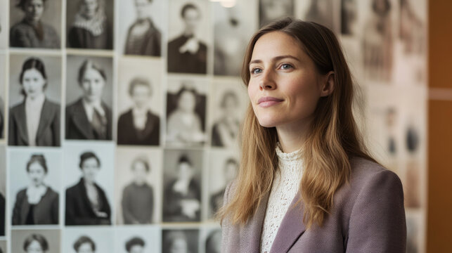 White woman standing in front of a wall with images of historical women