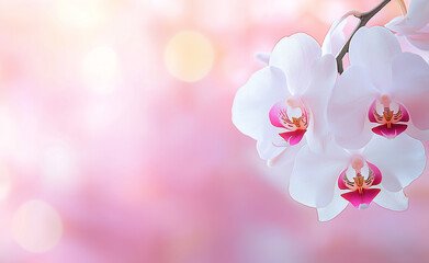 Soft and elegant cluster of pink and white orchid flowers in full bloom, creating a delicate floral...