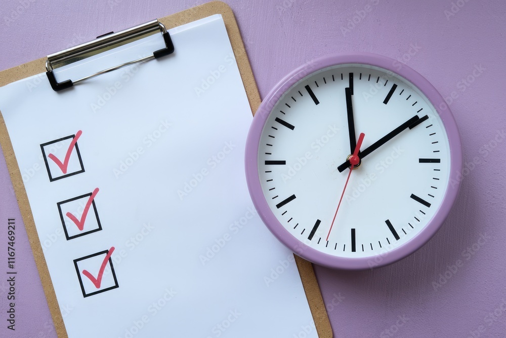 Leinwandbilder Checklist with three completed items and a clock showing time management.