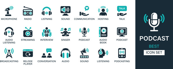 Podcast icon set collection. Microphone, radio, listening, sound, communication, hosting, talk, audio, streaming, interview, singer and best solid icon set.
