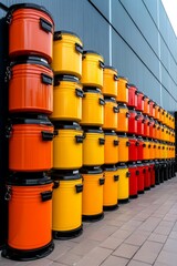 Colorful storage containers stacked neatly against a modern building wall in a vibrant display of hues