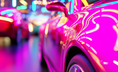 Vibrant neon-lit scene of luxury sports cars, focusing on a pink car with sleek curves in a modern...