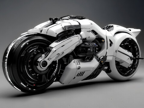 Generated ImagA striking white motorcycle features an aerodynamic design with sharp angles and advanced components. The minimalist studio setting highlights the bike's modern aesthetics and engineerie
