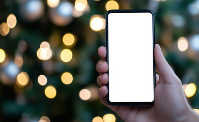 A hand holding a smartphone with a blank screen in front of a Christmas tree adorned with glowing bokeh lights.